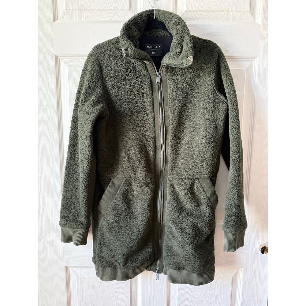 Athleta Tugga Coat Fleece Jacket Forest Green‎ Midi Full Zip Womens M Outdoors
